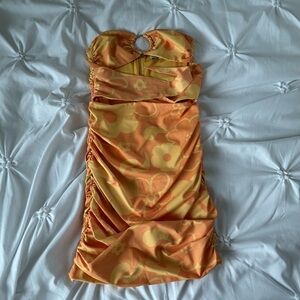 Orange and Yellow Floral Strapless Dress